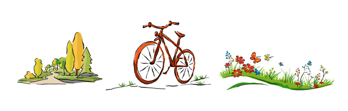 Fahrrad, Blumenwiese, Park, Wald, Illustration