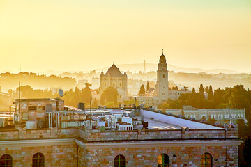 Fototapeta premium view on Dormition Abbey behind Greek Hagias Zion Convent on morning, sunshine, jerusalem, israel