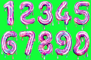 Fototapeta premium Set of numbers in the form of a sweet coffee, melt. Delicious number isolated on green background, Concept font, set of ten numbers. 3D illustration, 3D rendering.