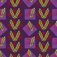 Seamless pattern with violet striped gift boxes and red and green leaves. Cute holiday print. Vector hand drawn illustration.