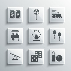 Set Game dice, Bowling pin and ball, Balloons, Ferris wheel, Seesaw, Fast street food cart, Tarot cards and Toy train icon. Vector