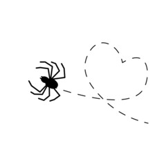 Spider on a dotted line route. Animal black silhouette. Vector isolated on white background.