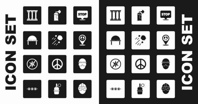 Set Protest, Flying stone, Military helmet, Prison window, Location peace, Paint spray can, Special forces soldier and icon. Vector