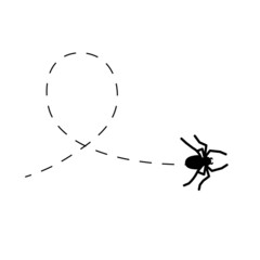 Spider on a dotted line route. Animal black silhouette. Vector isolated on white background.