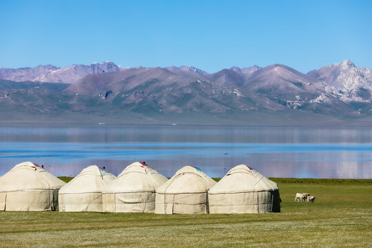 Kyrgyz yurts on the shore of mountain lake. High quality photo