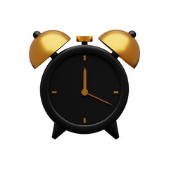 3D black and golden alarm clock illustration on white background. Isolated 3D alarm clock icon. Isolated illustration of 3d alarm clock