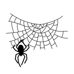 Black spider and  web. Scary spiderweb of Halloween symbol. Vector illustration isolated on white background.