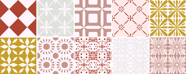 Tile portugal flower seamless pattern set. Geometric background. Traditional azulejo repeat ornament. Vector monochrome pattern collection.Abstract vintage print for fabric,packaging.Scrapbook paper