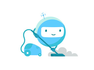 Round robot with vacuum cleaner. Housework cleaning service. Vector illustration.