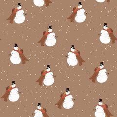 Dog with snowman funny vector christmas seamless pattern with brown background