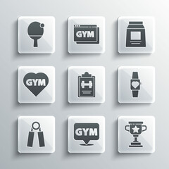 Set Location gym, Award cup, Smartwatch, Sport training program, expander, Fitness heart, Racket ball and Sports nutrition icon. Vector