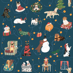 Christmas celebration with dog pets seamless vector pattern