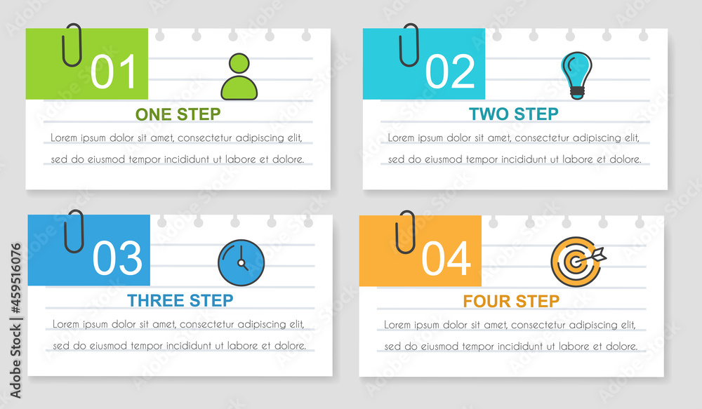 Poster modern business infographics. notepad sheets with steps for successful start of company. data visual