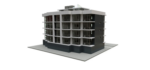 Small white-gray condominium with elevator and garage. 3d rendering.