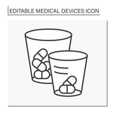  Medicine cup line icon. Cup with daily pills. Treatment. Medical devices concept. Isolated vector illustration. Editable stroke