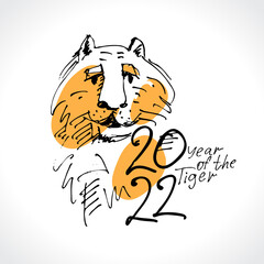 Year of the Tiger 2022. Hand draw doodle 2022 logo. Year of the tiger Zodiac symbol. Chinese New Year Greeting Card. Pattern tiger vector illustration.  