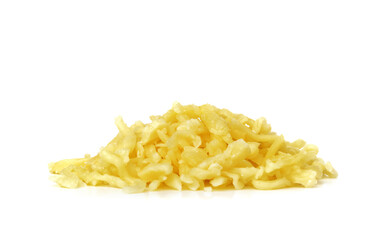 Pile of grated mozzarella cheese isolated on white background
