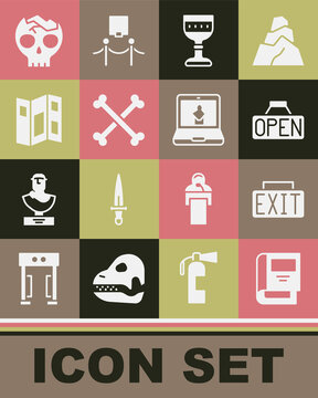 Set History book, Exit sign, Hanging with Open, Medieval goblet, Crossed human bones, Museum guide brochure, Broken skull and Online museum icon. Vector
