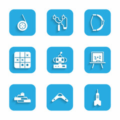 Set Robot toy, Boomerang, Dart arrow, Chalkboard, Toy building block bricks, Tic tac toe game, Bow and Yoyo icon. Vector