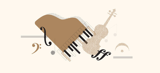 Luxury music background with grand piano, violin and notes. Vector illustration, web banner. Modern abstract composition of musical symbols and instruments - 459517484