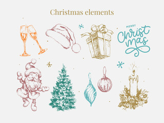 New year and christmas set sketch illustration