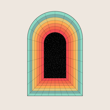 Retro design element. Vintage colorful arc with place for your text or design. Geometric shapes, gate with starry night. Vector illustration, EPS 10