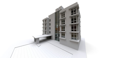 Condominium model in white color with transparent glasses. Apartment house. 3d rendering.