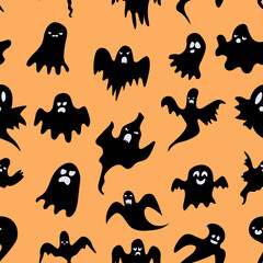 Ghost face silhouette for celebration design. Halloween cute seamless pattern.