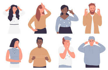 Upset annoyed people vector illustration set isolated. Cartoon sad unhappy disappointed adult characters bad failure situation, with face palm gesture, touch head in headache, disappointment or shame - obrazy, fototapety, plakaty
