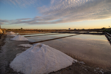 Traditional salt extraction camp (Salinas) with piles of extracted salt at sunset, Aveiro , Portugal.
Salt extraction in Aveiro city