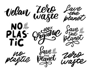 Organic set brush lettering. Hand drawn word organic with green leaves. Label, logo template for organic products, healthy food markets.