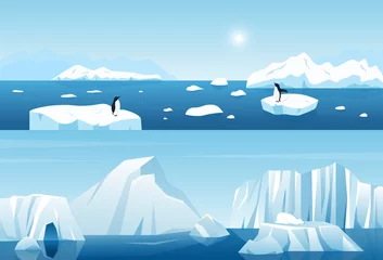 Gordijnen Arctic ice winter landscape scene of North vector illustration. Cartoon panorama nature scenery with penguin floating on white snow iceberg in water, polar bear animal on icy glacier coast background © Flash concept
