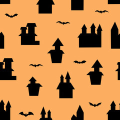 Black house and bat seamless pattern. Scary building of Halloween symbol. Vector illustration isolated on color background.