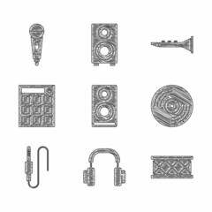 Set Stereo speaker, Headphones, Drum, Vinyl disk, Audio jack, machine, Clarinet and Microphone icon. Vector