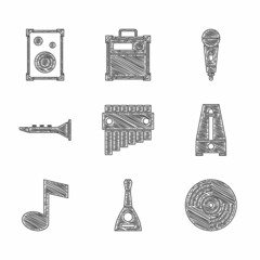 Set Pan flute, Balalaika, Vinyl disk, Metronome with pendulum, Music note, tone, Clarinet, Microphone and Stereo speaker icon. Vector
