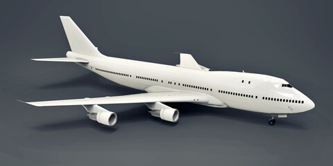 Large passenger aircraft of large capacity for long transatlantic flights. White airplane on gray isolated background. 3d illustration.