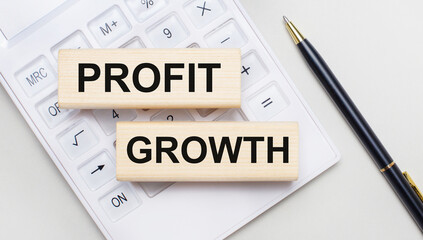 Fototapeta premium Wooden blocks with the text PROFIT GROWTH lie on a light background on a white calculator. Nearby is a black handle. Business concept