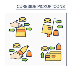 Curbside pickup color icons set. Online shopping. Safety and fast delivery from courier to customer. Shopping concept. Isolated vector illustration