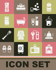 Set Lift, Hotel service bell, Towel on hanger, Paying tips, Bathtub, Refrigerator, Remote control and Toothbrush and toothpaste icon. Vector