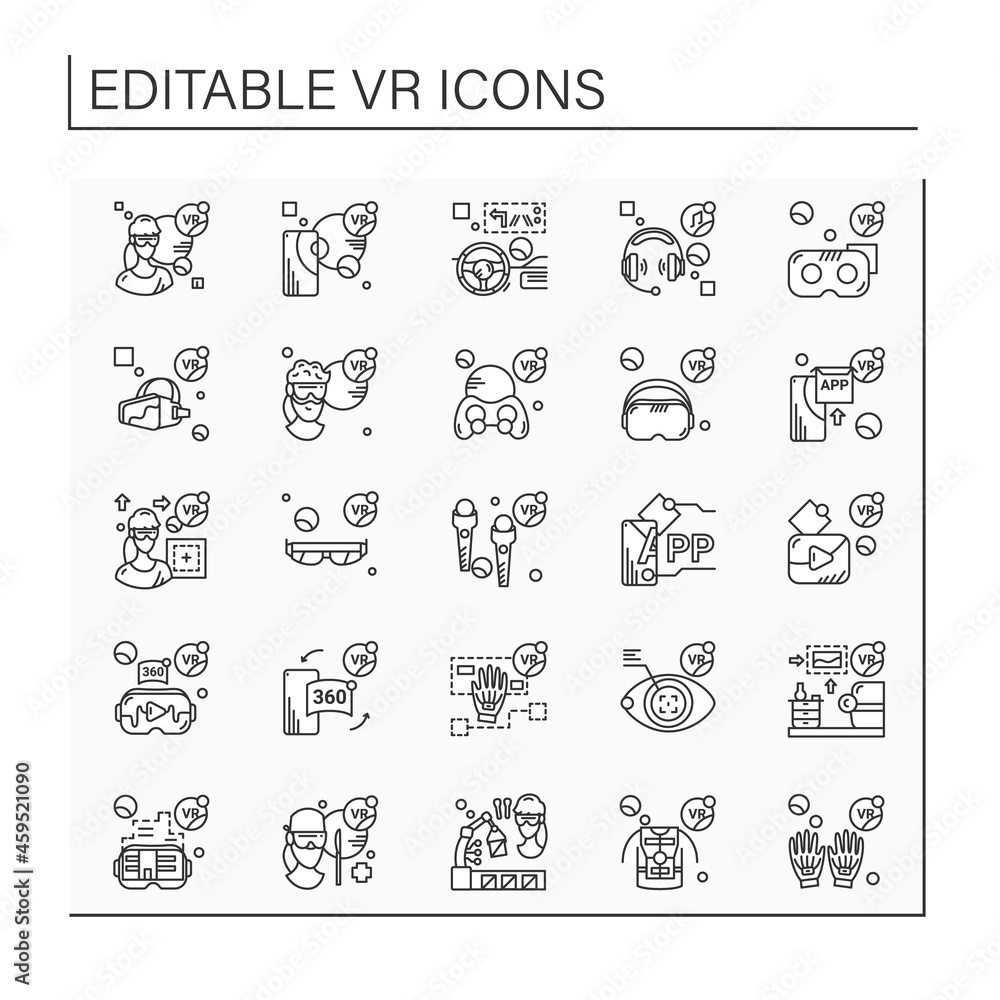 Poster virtual reality line icons set. consists of vr playing area, haptic gloves and suit, headset compute