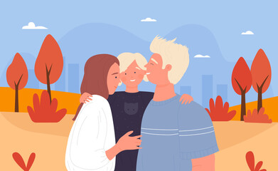 Family people spend fun time in autumn city park, cute scene vector illustration. Cartoon mother father and child characters standing together in town landscape, smiling and hugging background