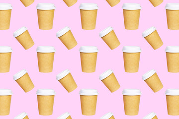 A lot of paper eco cup with drink to go on pink background, Fast food, Seamless Pattern