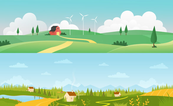Farm houses on farmland green field, summer rural scene in Europe set vector illustration. Cartoon horizontal panorama nature scenery with European village by road, building and mill background