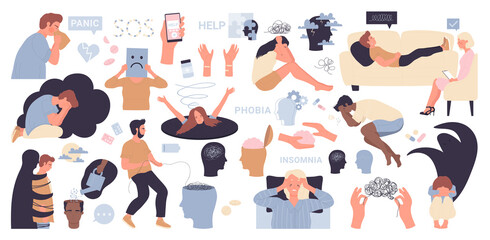 Mental disorder, stress anxiety health problem set vector illustration. Cartoon sad people in depression need psychotherapy help and care, unhappy depressed woman man characters isolated on white