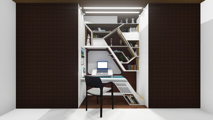 3D illustration of interior of a house with study desk