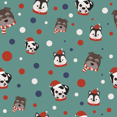 Seamless Christmas pattern with dogs in red hats and scarves on a turquoise background