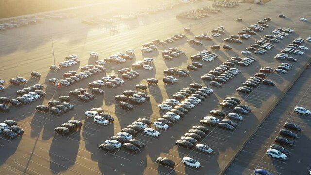 Aerial view of the dealership cars export or customs terminal in export and import business and logistics with a rows of new vehicles at sunset