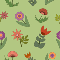 Vector flat style flower pattern on green background. Colorful seamless pattern with separate flowers. 