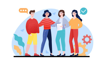 Friendly business team concept. Company employee stand together and communicate. Partnership, collaboration and teamwork. Group of people. Cartoon flat vector illustration isolated on white background