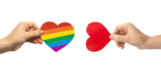 hand with paper heart in LGBT colors isolated on a white background, tolerance concept banner photo